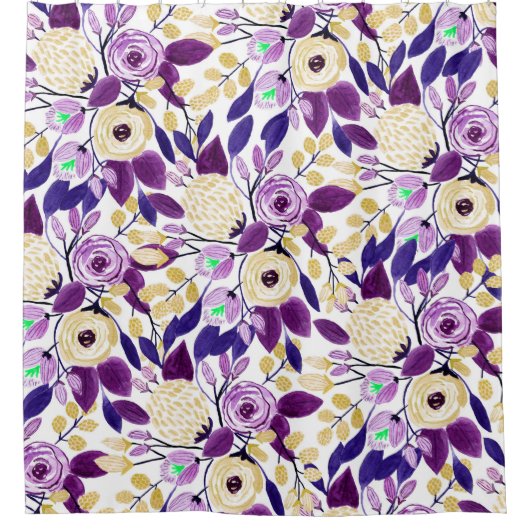 イエローパープルフローラブーケ水彩模様 シャワーカーテン (正面)