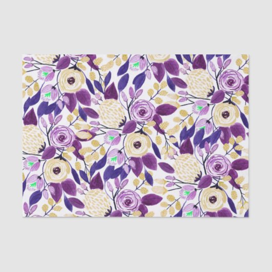 イエローパープルフローラブーケ水彩模様 薄葉紙 (正面)