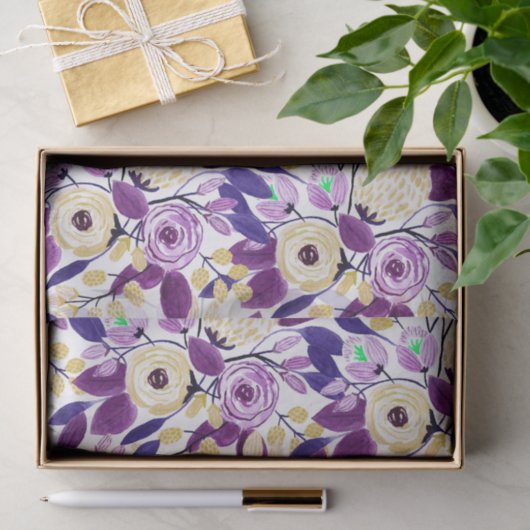 イエローパープルフローラブーケ水彩模様 薄葉紙 (ギフト)