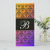 イエローパープルブルーブラックダマスクモノグラム、白 招待状 (スタンド正面)