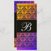 イエローパープルブルーブラックダマスクモノグラム、白 招待状 (正面/裏面)