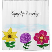イエローパープル明るい赤紫色ガーデンフラワーズ引用文 シャワーカーテン (正面)