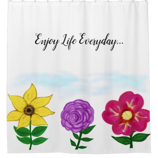 イエローパープル明るい赤紫色ガーデンフラワーズ引用文 シャワーカーテン (正面)