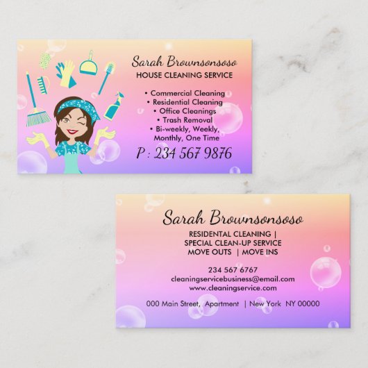 イエローパープル漫画メイドハウスクリーニングサービス 名刺 (正面/裏面)