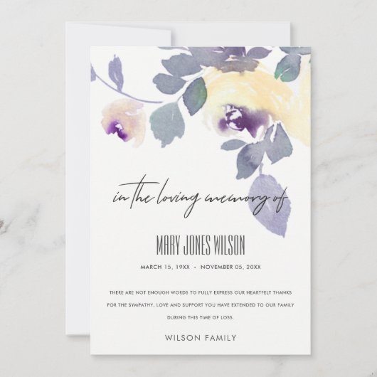 イエローパープル薄紫バラフローラ悔やみや弔慰メモリアル サンキューカード (正面)