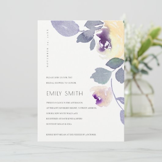イエローパープル薄紫フローラブライダルシャワー招待状 サンキューカード (スタンド正面)