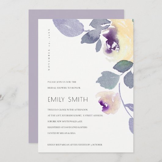 イエローパープル薄紫フローラブライダルシャワー招待状 サンキューカード (正面/裏面)