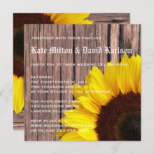 イエローヒ素朴マワリーカントリーウエディング招待状 招待状 (正面/裏面)