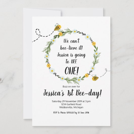 イエロービー ラスティック 1歳 誕生日パーティー 招待状 (正面)