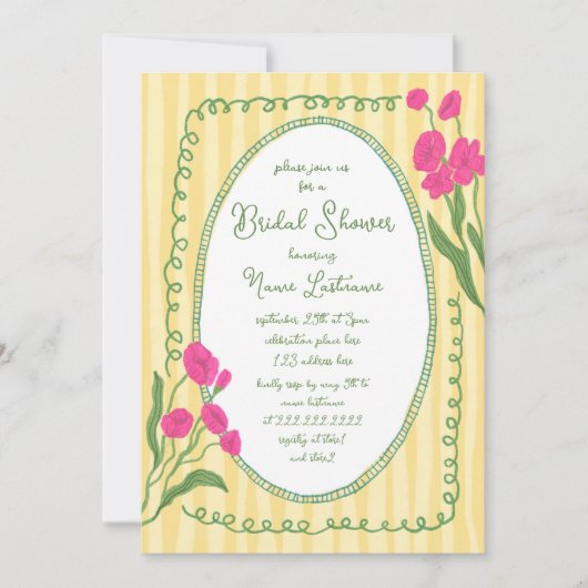 イエローピンクお洒落ハンド絵を描ブライダルシャワー 招待状 (正面)