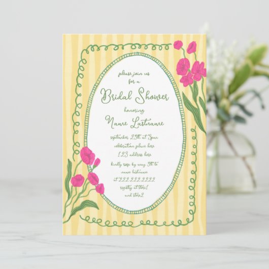 イエローピンクお洒落ハンド絵を描ブライダルシャワー 招待状 (スタンド正面)