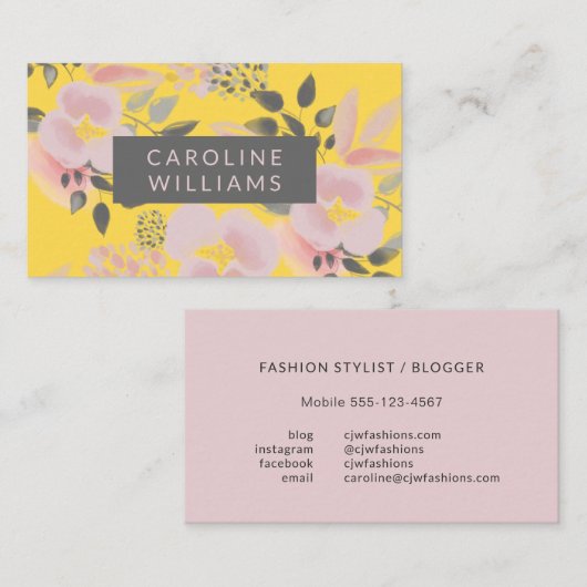 イエローピンクとグレーのフローラトレンドセッター 名刺 (正面/裏面)