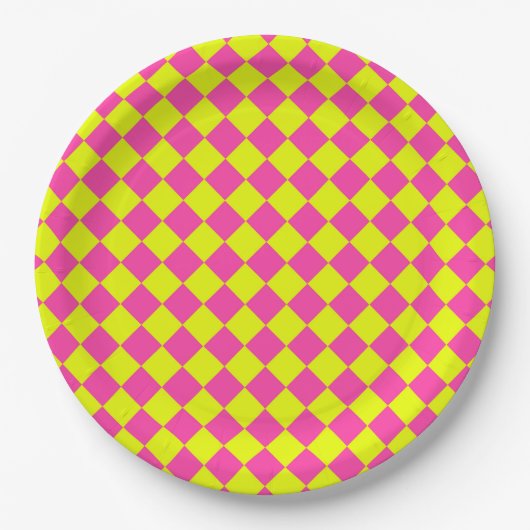 イエローピンクの市松模様 ペーパープレート (正面)
