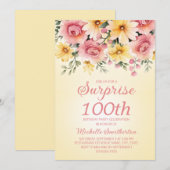 イエローピンクの春の花のサプライズ100歳 招待状 (正面/裏面)
