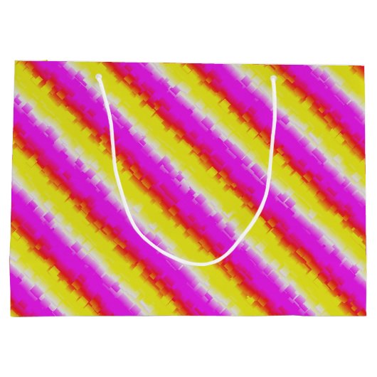 イエローピンクアートデコレインボーストライプズ ラージペーパーバッグ (裏面)