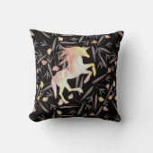 イエローピンクコーラルブラックユニコーン&フローラルパターン クッション (正面)