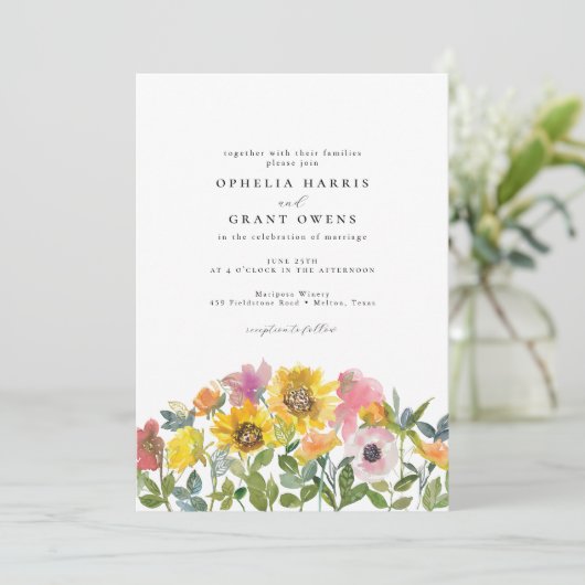 イエローピンクヒマワリ野花庭園の結婚式 招待状 (スタンド正面)