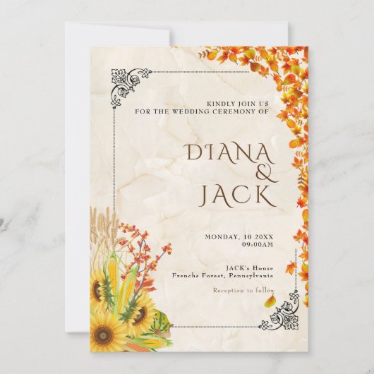 イエローピンクヒマワリ野花庭園の結婚式 招待状 (正面)