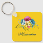 イエローピンクフローラパステルウォーターカラーフラワーカスタムプ キーホルダー (正面)