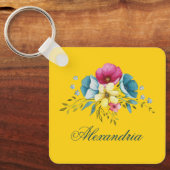 イエローピンクフローラパステルウォーターカラーフラワーカスタムプ キーホルダー (正面)