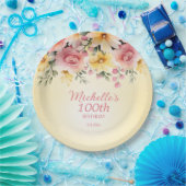 イエローピンクフローラ100th誕生日パーティー ペーパープレート (パーティー)