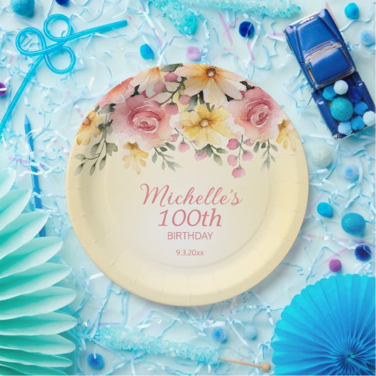 イエローピンクフローラ100th誕生日パーティー ペーパープレート (パーティー)