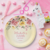 イエローピンクフローラ100th誕生日パーティー ペーパープレート (パーティー)