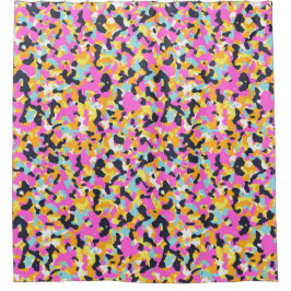 イエローピンクブラックブルーカモフラージュ迷彩柄パターン シャワーカーテン