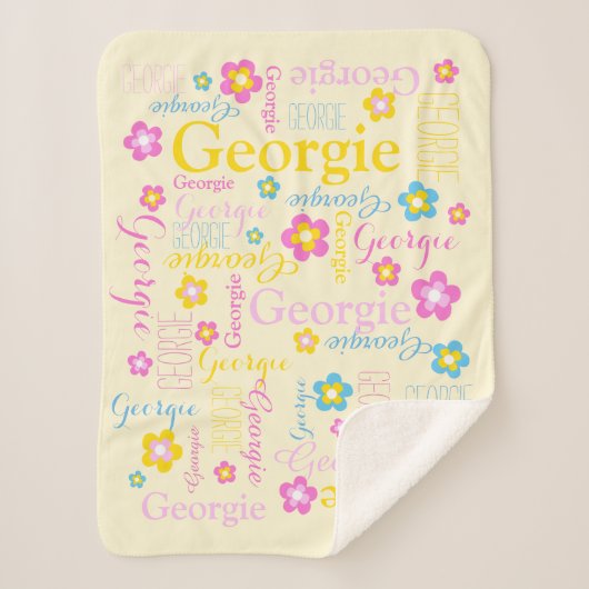 イエローピンクブルーの女の子の名前ジョージフラワーブランケット シェルパブランケット (正面)