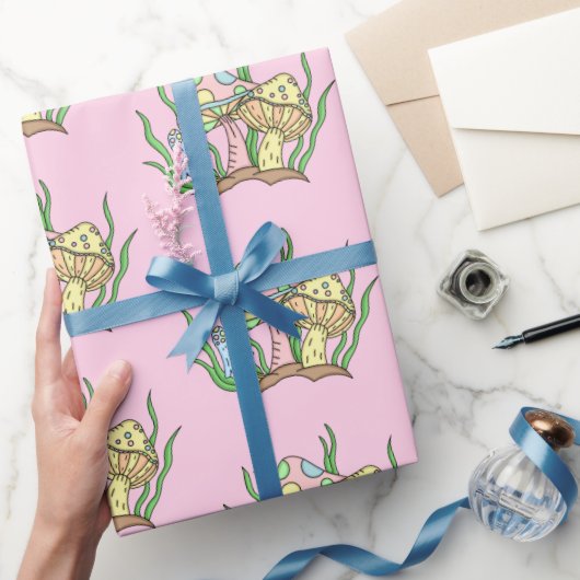 イエローピンクポップ・アートのアートスタイルレトロキノコ誕生日 ラッピングペーパー (ギフト)