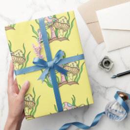 イエローピンクポップ・アートのアートスタイルレトロキノコ誕生日 ラッピングペーパー