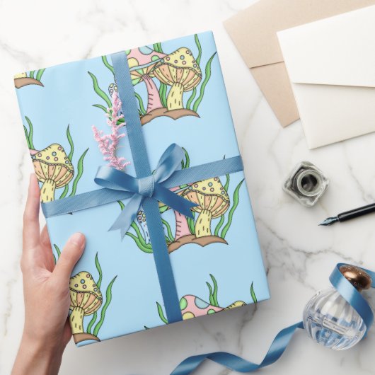 イエローピンクポップ・アートのアートスタイルレトロキノコ誕生日 ラッピングペーパー (ギフト)