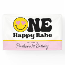 イエローピンクワンハッピーバーベファースト誕生日バナー