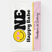 イエローピンクワンハッピーバーベファースト誕生日バナー 横断幕 (縦)