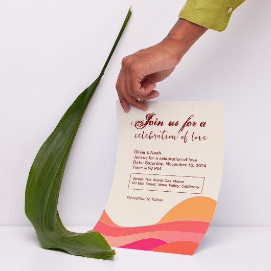 イエローピンク波レトロ70sボホ結婚ーズ 招待状