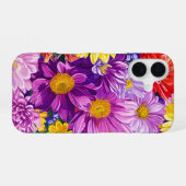 イエローピンク赤ブルーグリーンガーデン花パターン iPhone 16ケース (裏面横)