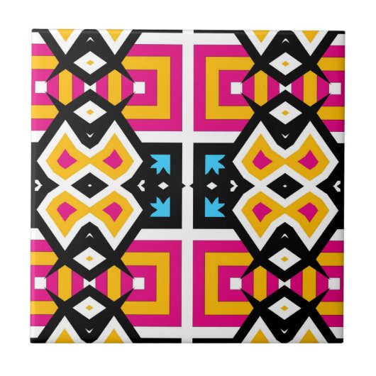 イエローピンク鮮やかモザイク幾何学模様パターン(の模様が)ある タイル (正面)