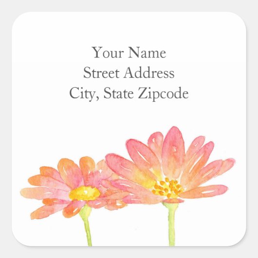 'イエローピーチピンクの水色のデイジー'ラベル スクエアシール (正面)