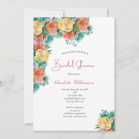 イエローピーチピンクグリーナリーフローラブライダルシャワー 招待状 (正面)