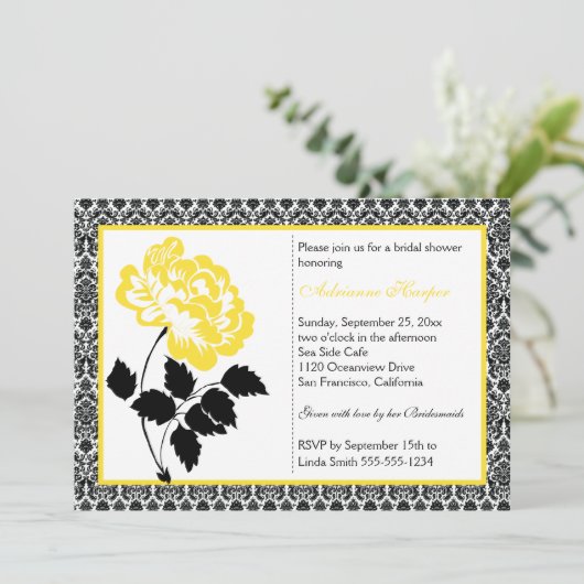 イエローピーニーウィズブラックダマスクブライダルシャワー 招待状 (スタンド正面)