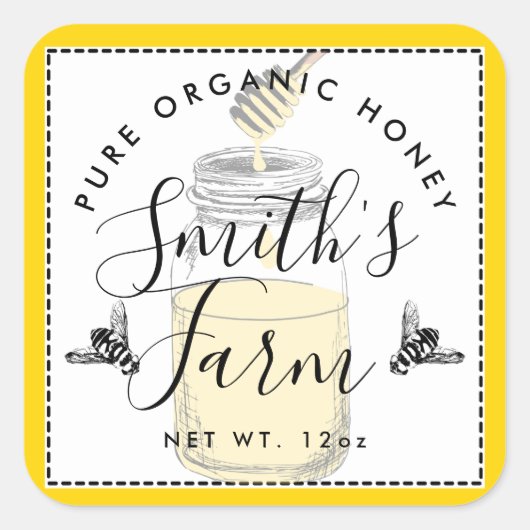 イエローファームショップはちみつ瓶ラベル小規模企業 スクエアシール (正面)