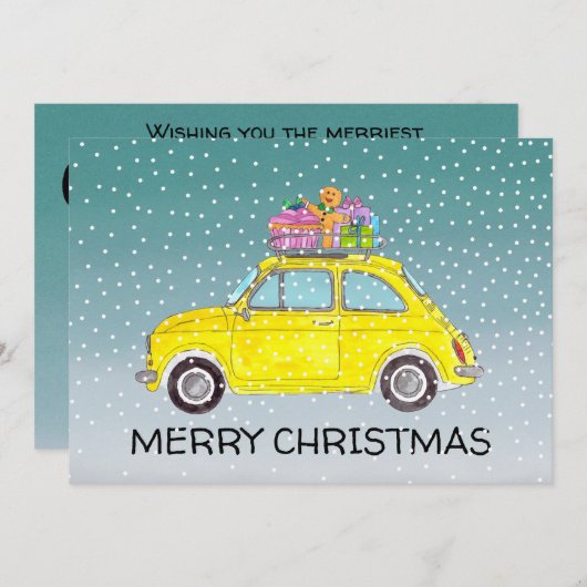 イエローフィアット500クリスマスプレゼント付きホリデーカード シーズンカード (正面/裏面)