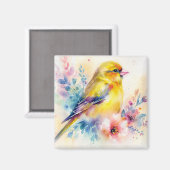 イエローフィンチの花と鳥の水彩アートマグネット マグネット (正面/裏面)