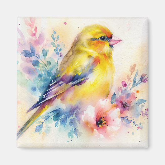 イエローフィンチの花と鳥の水彩アートマグネット マグネット (正面)