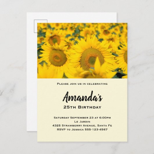 イエローフィールドのひまわり誕生日 インビテーションポストカード (正面/裏面)