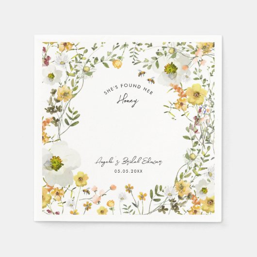 イエローフラワーのある彼女のハニーブライダルシャワー スタンダードカクテルナプキン (正面)