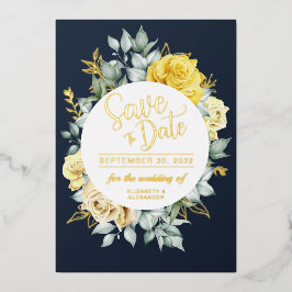 イエローフラワーの上品なネイビーブルーの結婚式のSave Date 箔招待状
