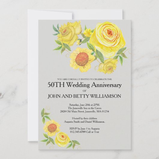 イエローフラワーの水彩画 50周年結婚記念日 招待状 (正面)