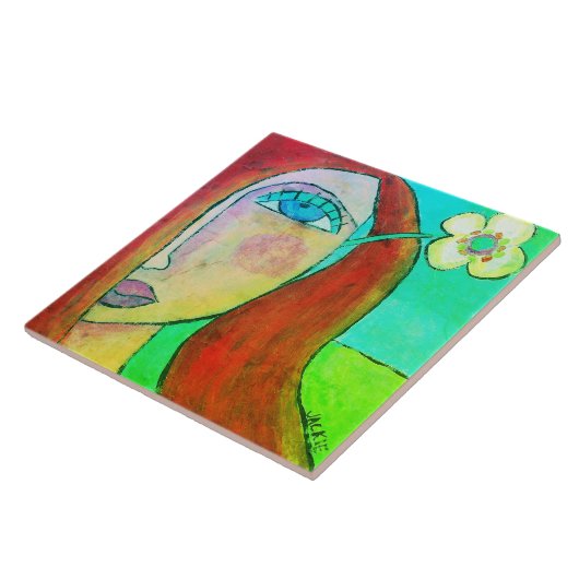 イエローフラワーインザアーヘア抽象芸術ポートレート タイル (側面)