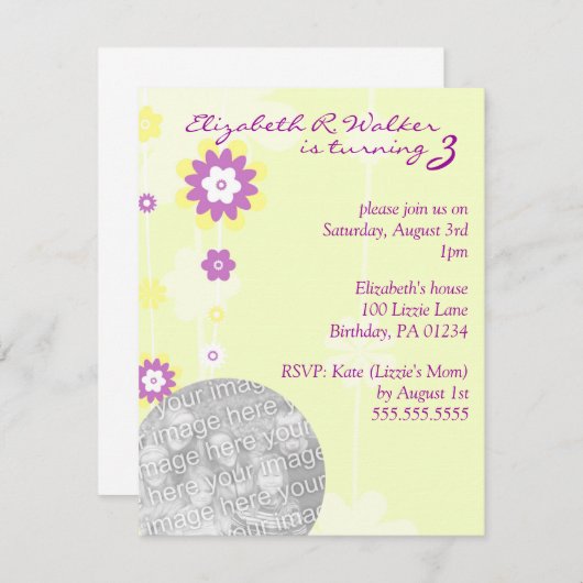 イエローフラワーガールズブリスデイパーティの招待状 招待状 (正面/裏面)